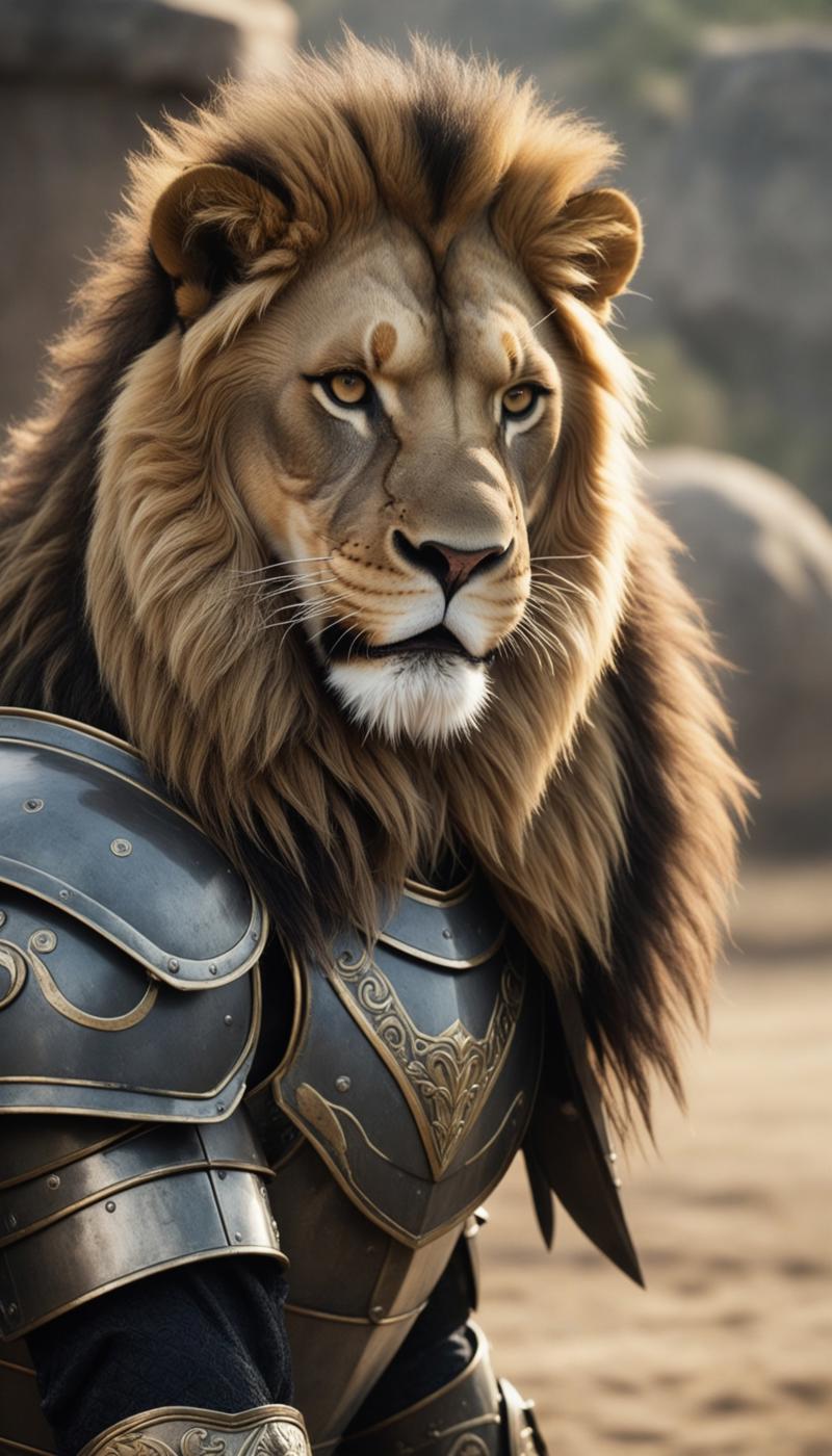 a lion in armor poses for a picture, cinematic close shot XL 0.jpg